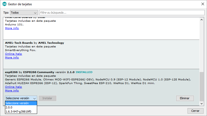 Version del pluggin ESP8266