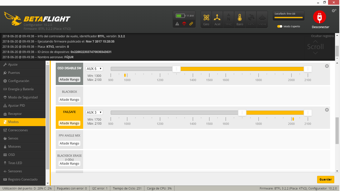 Configurar failsafe en los modos de Betaflight