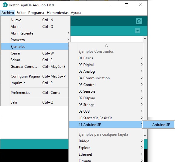IDE arduino con seleccion menu